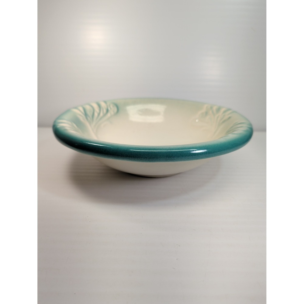 Vtg Ironstone Teal Green Ivory Embossed Leaf Floral Serving Wash Basin Bowl 9.5"